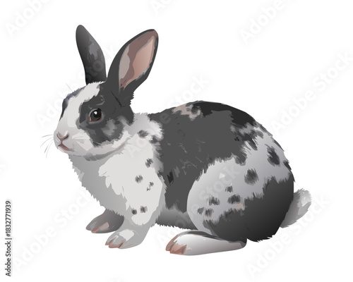Black and white fluffy pet rabbit isolated on a white background