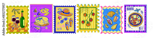Amalfi coast stamp set with summer Italy postcard motifs - wine and cheese, straw hat with flip-flops, citrus fruits, seafood and pizza. Vintage frame border designs with Mediterranean vacation vibes