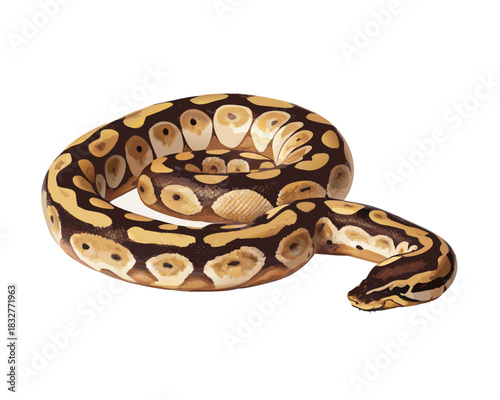 Vector illustration of a brown royal python snake, a constrictor reptile, isolated on a white background with visible scales and skin