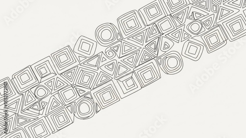 Abstract geometric pattern featuring a dynamic diagonal arrangement of squares triangles and circles in a continuous black line drawing on a white background