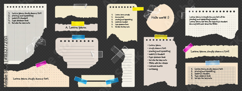 Paper notes set with torn edges and colorful tape - ripped notebook sheets, memo scraps, post it stickers on transparent background. Grid and lined page textures attached by adhesive strips.