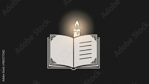 A single lit candle casts a warm glow over an open book with decorative corners and lines of text on a dark background