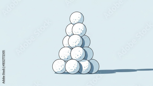 A stylized cartoon illustration depicts a pyramid of snowballs stacked neatly against a pale blue background with a subtle shadow