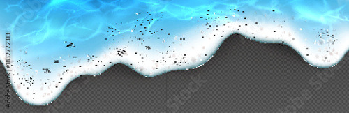 Sea wave foam from top view - realistic summer beach shore border with ocean water isolated on transparent background. Blue surface ripples, white bubbles and sandy coastal edge for seasonal designs.