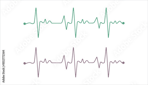 Two electrocardiogram lines one green one purple on white background heart rate pulse