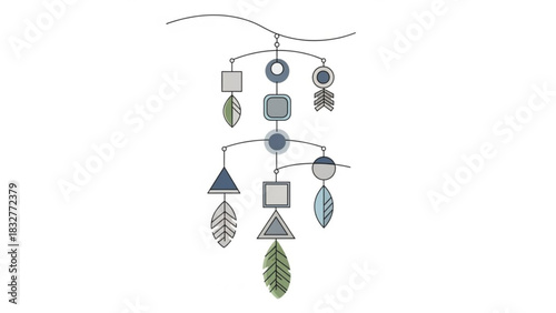 Modern geometric baby mobile with feather accents featuring soft blue gray and green hues suspended from a wavy line