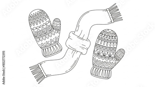 A charming black and white line drawing of two intricately patterned mittens and a cozy scarf perfect for winter coloring pages and creative projects