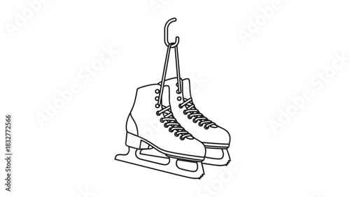 Simple line art illustration of a pair of ice skates hanging by their laces from a hook against a white background