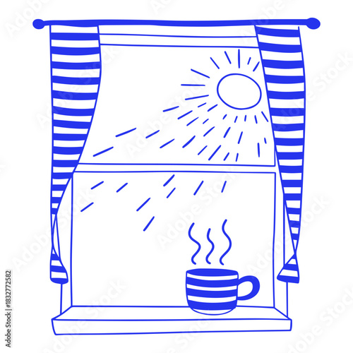 Doodle of Window with Breakfast Coffee and Sun