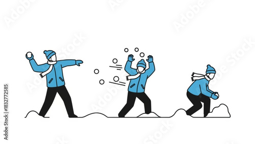 Three cartoon figures in blue winter clothing engaged in a playful snowball fight on a snowy landscape illustrating action and movement
