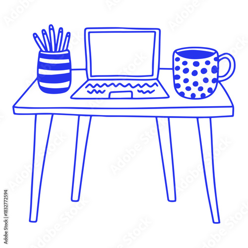 Doodle of Desk with Laptop and Coffee