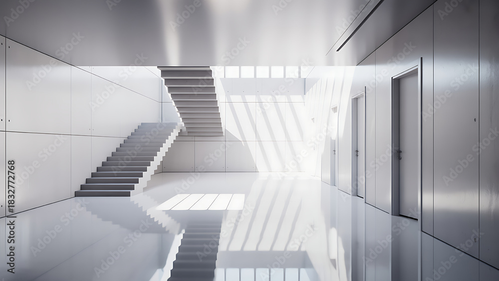 Obraz premium Contemporary office interior with bright sunlight streaming through windows