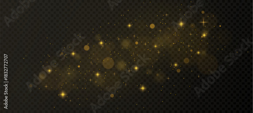 Golden star dust particles with bokeh effect on transparent background. Vector realistic illustration of sparkling gold glitter, shimmering confetti overlay, magic firework, festive warm lights