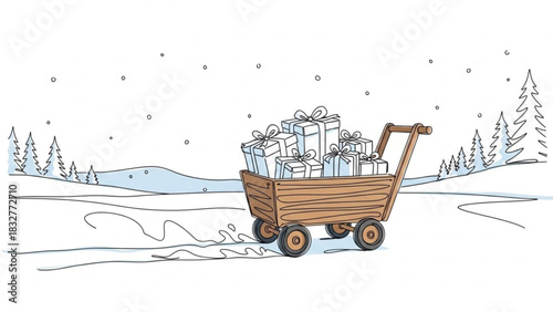 A charming hand drawn illustration depicts a wooden cart overflowing with beautifully wrapped gift boxes being pulled through a snowy winter landscape with pine trees