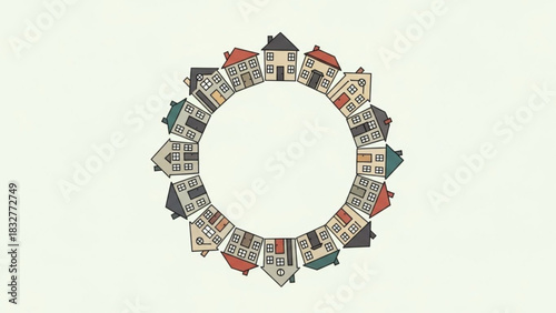 A charming circle of diverse cartoon houses with colorful roofs and windows forms a whimsical community on a light background