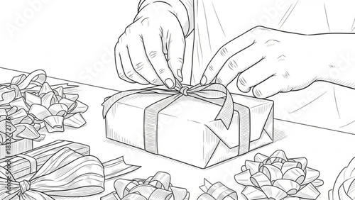 Hands meticulously tying a ribbon bow on a wrapped gift box surrounded by decorative bows symbolizing celebration and thoughtful presentation