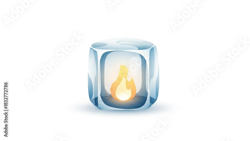 A glowing flame burns brightly within a transparent ice cube creating a striking contrast of hot and cold elements