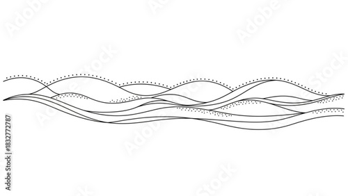 Abstract minimalist black and white line art depicting rolling hills or waves with dotted accents creating a serene and organic landscape
