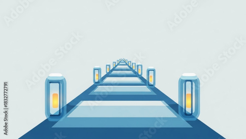 A futuristic pathway of glowing blue and orange lights stretches into a bright minimalist horizon under a pale sky