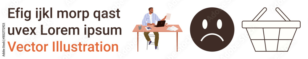 Fototapeta premium Business, emotions, productivity, online shopping, e-commerce, workload challenges. A man sits at a desk with a laptop and papers, next to sad face and basket icons. Business and emotions