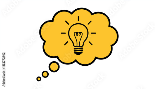 Yellow thought bubble with black outline containing a light bulb icon and radiating lines idea thinking