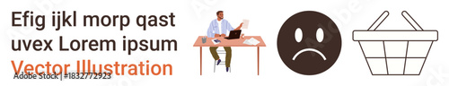 Business, emotions, productivity, online shopping, e-commerce, workload challenges. A man sits at a desk with a laptop and papers, next to sad face and basket icons. Business and emotions