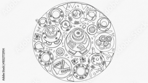 A whimsical circular illustration depicting a delightful afternoon tea spread with cakes sandwiches and teacups arranged artistically for a charming celebration