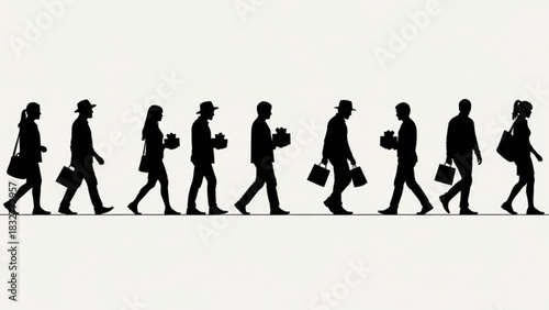 Diverse group of people walking in silhouette carrying shopping bags and gift boxes against a plain white background symbolizing consumerism and the holiday season