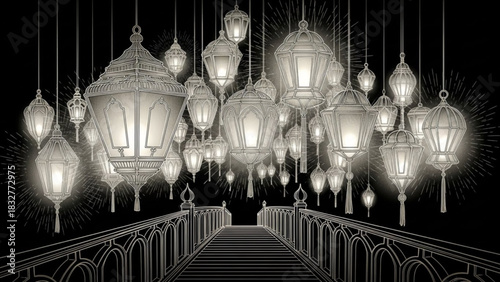 An illuminated bridge adorned with numerous ornate hanging lanterns creating a magical and enchanting atmosphere in the dark night sky