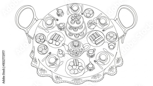 A beautifully illustrated overhead view of a round table set for a delightful afternoon tea with cakes sandwiches cookies and teacups