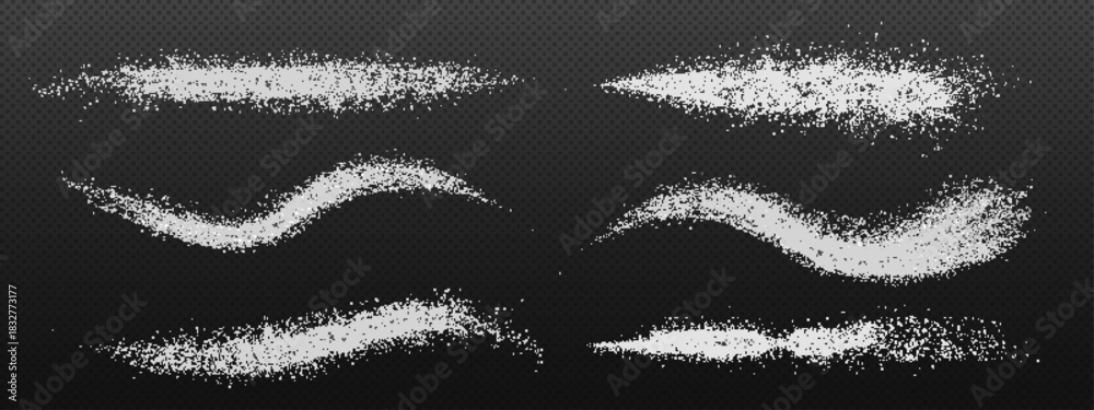 Fototapeta premium Sugar or salt splash set isolated on transparent background. Vector realistic illustration of white powder particles sprinkled on surface in wavy lines, cooking ingredient, food seasoning texture