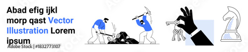 Construction, teamwork, problem-solving, security, decision-making, strategy. Workers breaking rocks, hand holding keys chess knight. Construction and teamwork illustrated uniquely