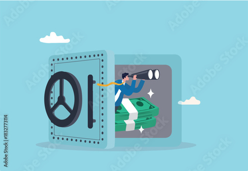 Safe haven, money protection from investment, wait and see economics situation, protect wealth from inflation, financial security concept, businessman look through binocular from secured open safe.