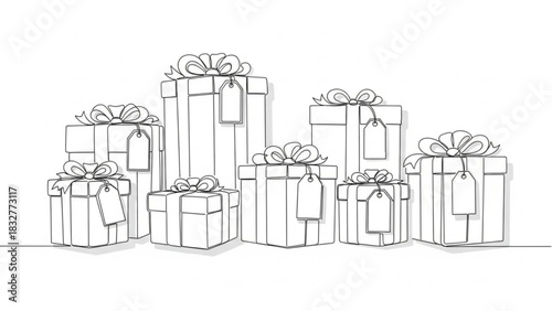 A minimalist line art illustration showcasing a collection of various sized gift boxes adorned with bows and gift tags against a clean white background