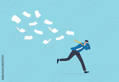 Overwhelmed or work overload, exhausted and anxiety, stressed and tired from problem and trouble, panic attack or shocked, burnout and depression concept, fearful businessman runaway from paperwork.