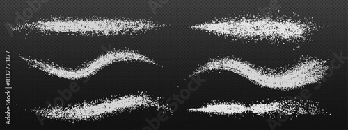 Sugar or salt splash set isolated on transparent background. Vector realistic illustration of white powder particles sprinkled on surface in wavy lines, cooking ingredient, food seasoning texture