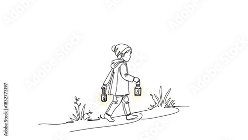A young child wearing a beanie and coat walks with two glowing lanterns one in each hand on a path surrounded by simple line art plants