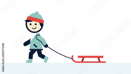 A cheerful cartoon child in winter attire walks across a snowy landscape while pulling a bright red sled behind them