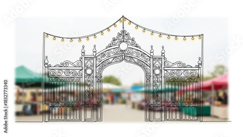 An ornate wrought iron gate with decorative swirls and hanging lights welcomes visitors to a vibrant outdoor market scene