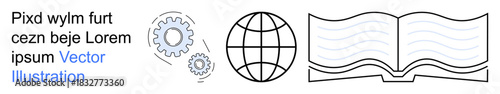 Education, technology, global connection, knowledge sharing, digital solutions, learning platforms. Gears, globe open book elements visible. Education and technology concept