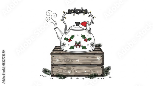 Whimsical christmas kettle adorned with festive holly and snowflakes sits atop a rustic wooden crate