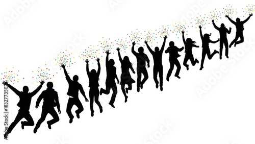 A diverse group of silhouetted people joyfully leaping into the air amidst a vibrant cascade of colorful confetti celebrating a moment of pure elation and freedom