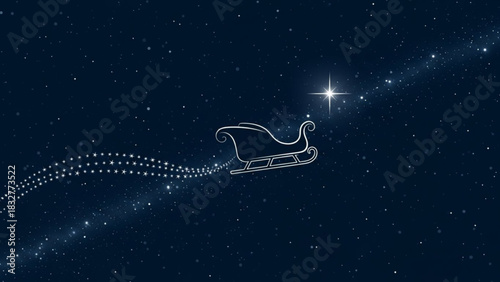 A minimalist white outline of santa s sleigh glides through a dark starry night sky leaving a trail of twinkling stars guided by a bright celestial star