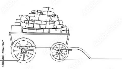 A single line drawing depicts a rustic wooden cart overflowing with a multitude of beautifully wrapped gift boxes ready for delivery