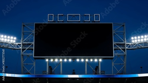Large blank scoreboard at a stadium at night with bright floodlights.