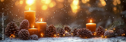 Festive winter panorama showcasing multiple lit candles, frosted pinecones, and evergreen boughs intertwined with sparkling fairy lights on snowy ground, bathed in soft glow of background bokeh and fa