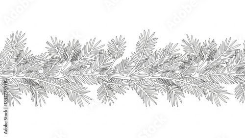 A delicate black and white line drawing of a continuous border of evergreen fir tree branches and needles on a white background