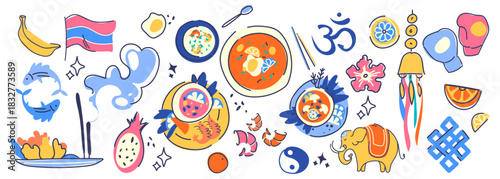 Thailand culture and tourism doodle collection with traditional food bowls, elephant and Om symbol, national flag. Hand drawn travel icons with authentic cuisine and spiritual symbols, tropical fruits