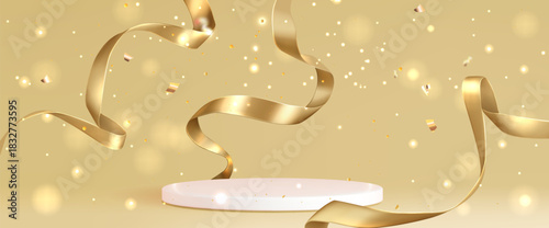 Luxury 3d podium with flowing golden ribbon and confetti. Premium elegant circular platform stage for cosmetic product presentation with soft curves, shimmering ribbons and award ceremony decor.
