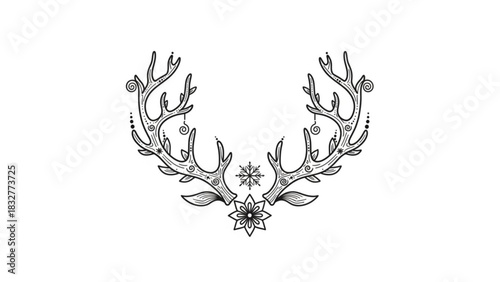 Elegant black and white line art illustration of ornate reindeer antlers adorned with swirling decorative elements and a central snowflake and flower motif